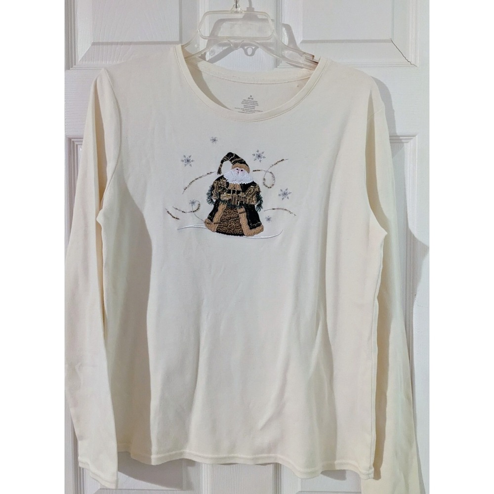 Delicate Ivory Holiday Santa‎ Long Sleeve Top Christmas Winter Shirt Medium